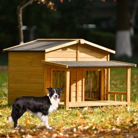 47.2 ' Large Wooden Dog House Outdoor;  Outdoor & Indoor Dog Crate;  Cabin Style;  With Porch;  2 Doors (Color: brown)